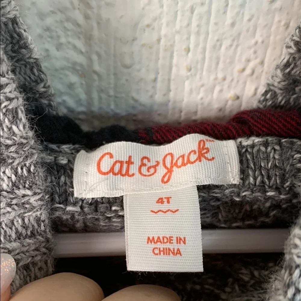 Cat & Jack Gray Knit Red Checkered Holiday Sweater Hooded size 4T